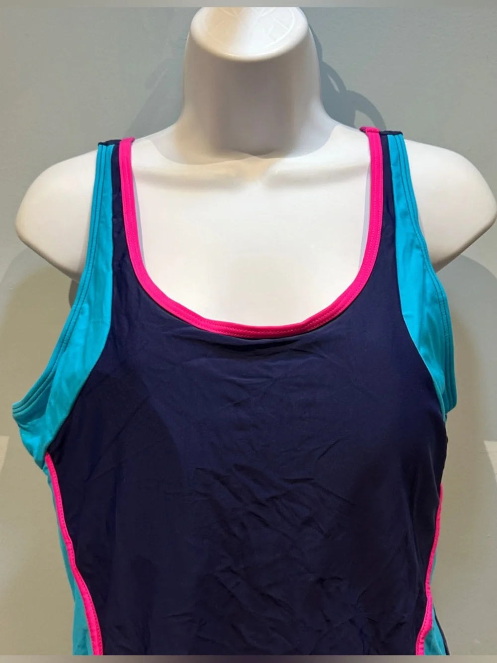 Navy Blue Athletic One-Piece Swim Suit with Turquoise & Pink Accents 2XL NWOT